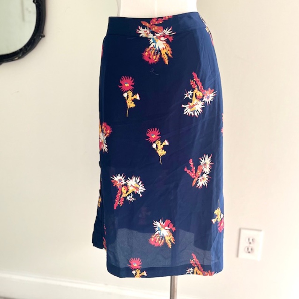 Madewell Navy Silk Cactus Flower Coastal Cowgirl Preppy Midi Skirt NWT - Picture 8 of 10